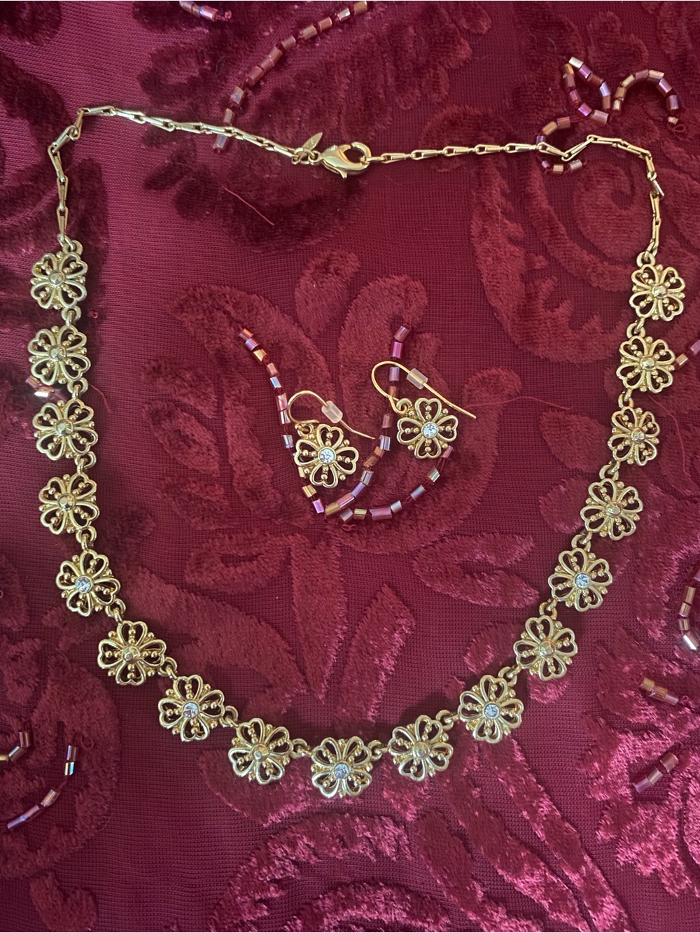 Avon Gold Floral Crystal Necklace and Earrings Set